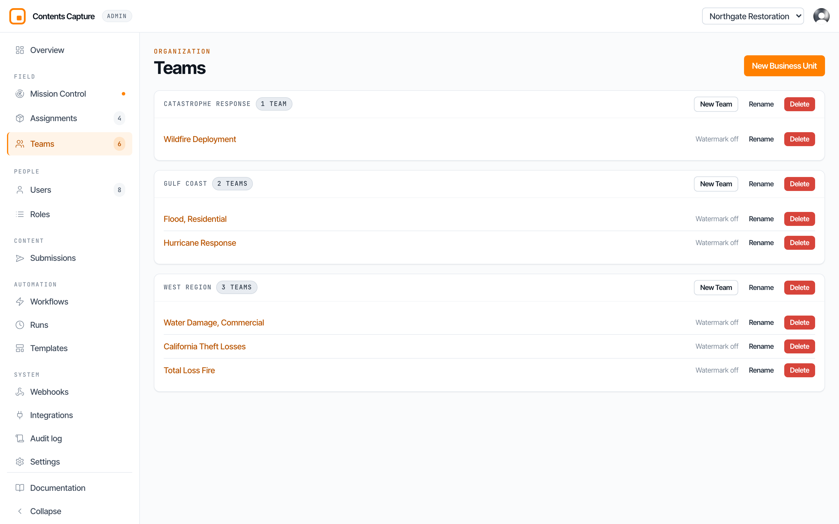 The Teams page