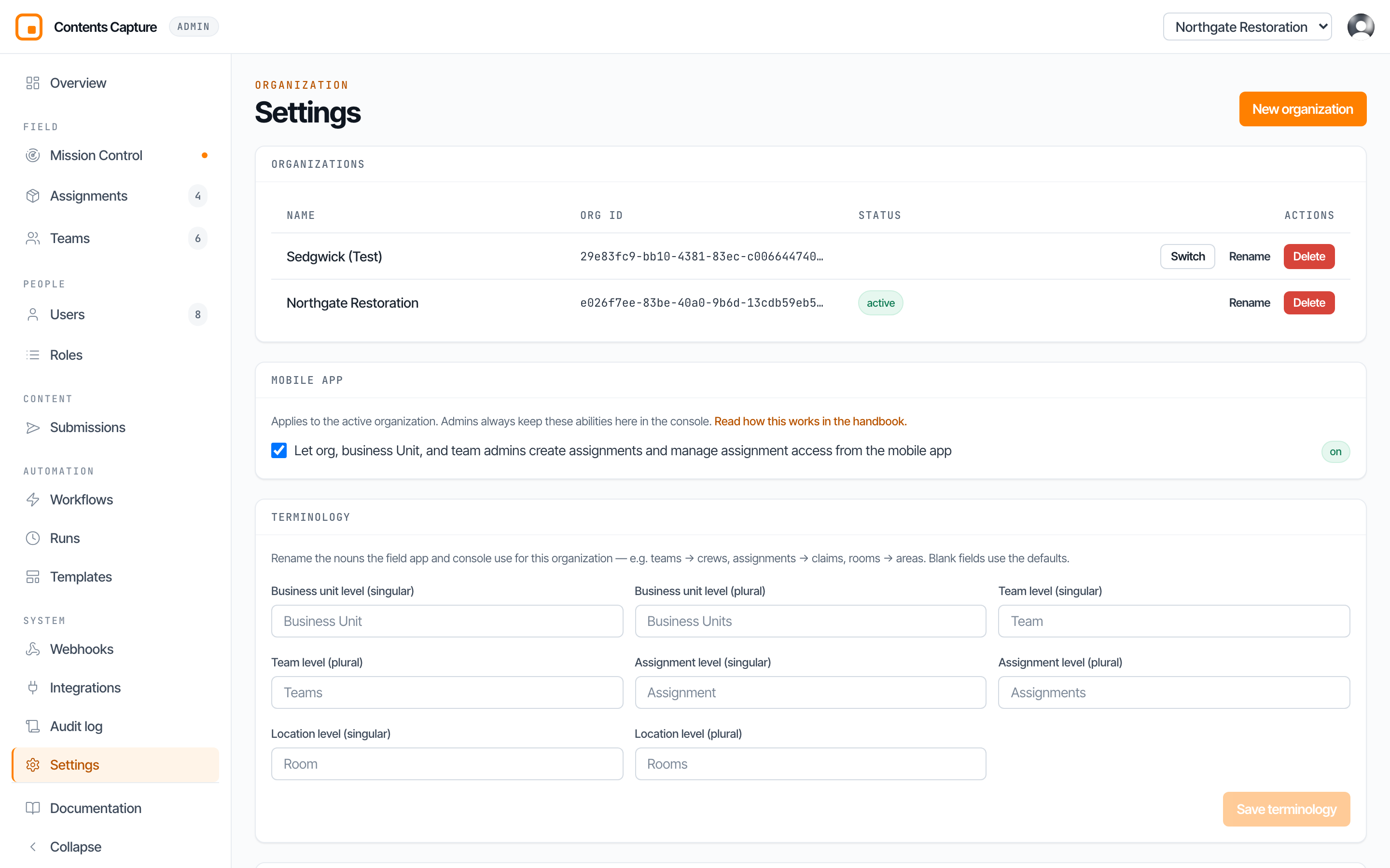 Organization settings