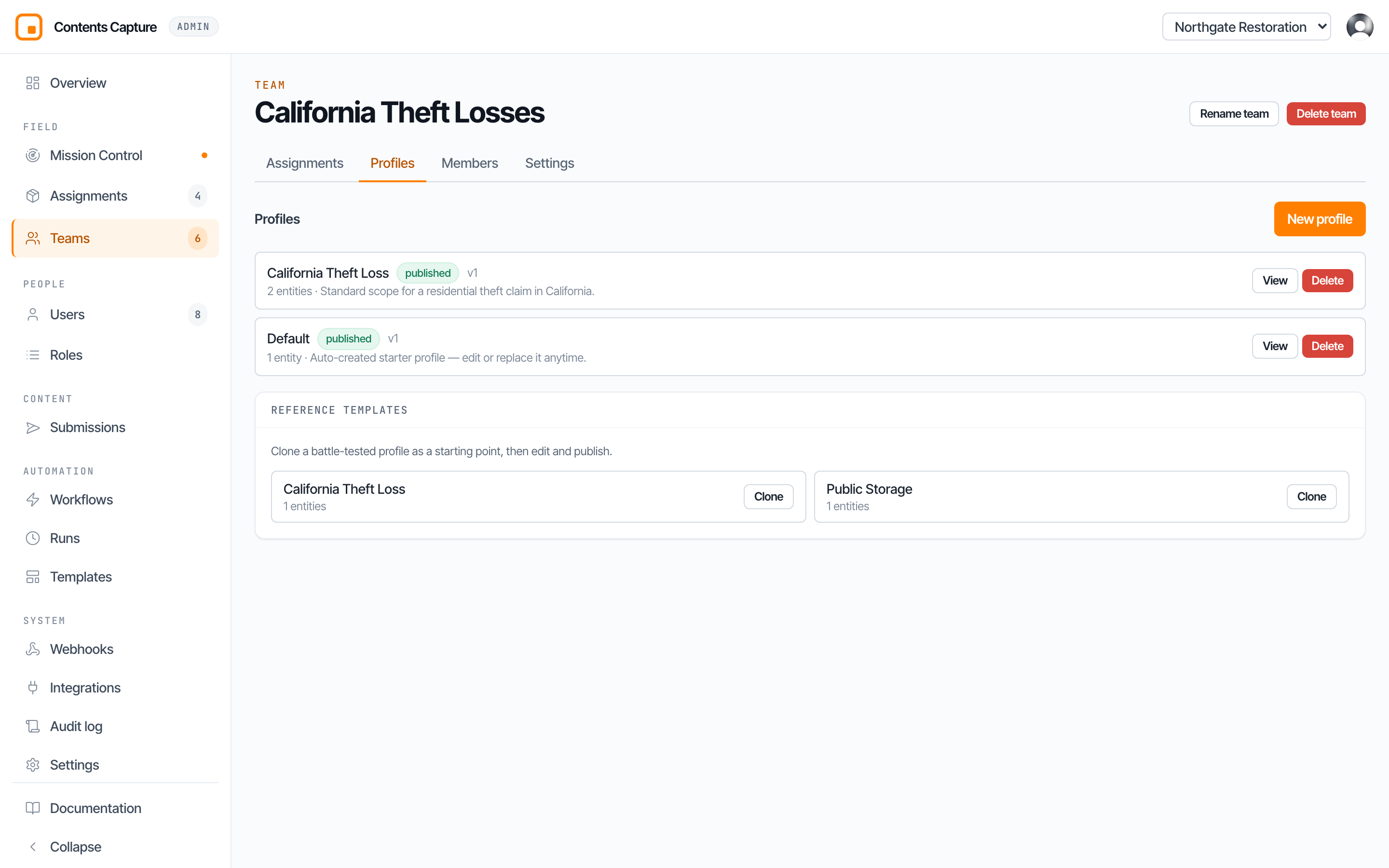 The capture profiles list