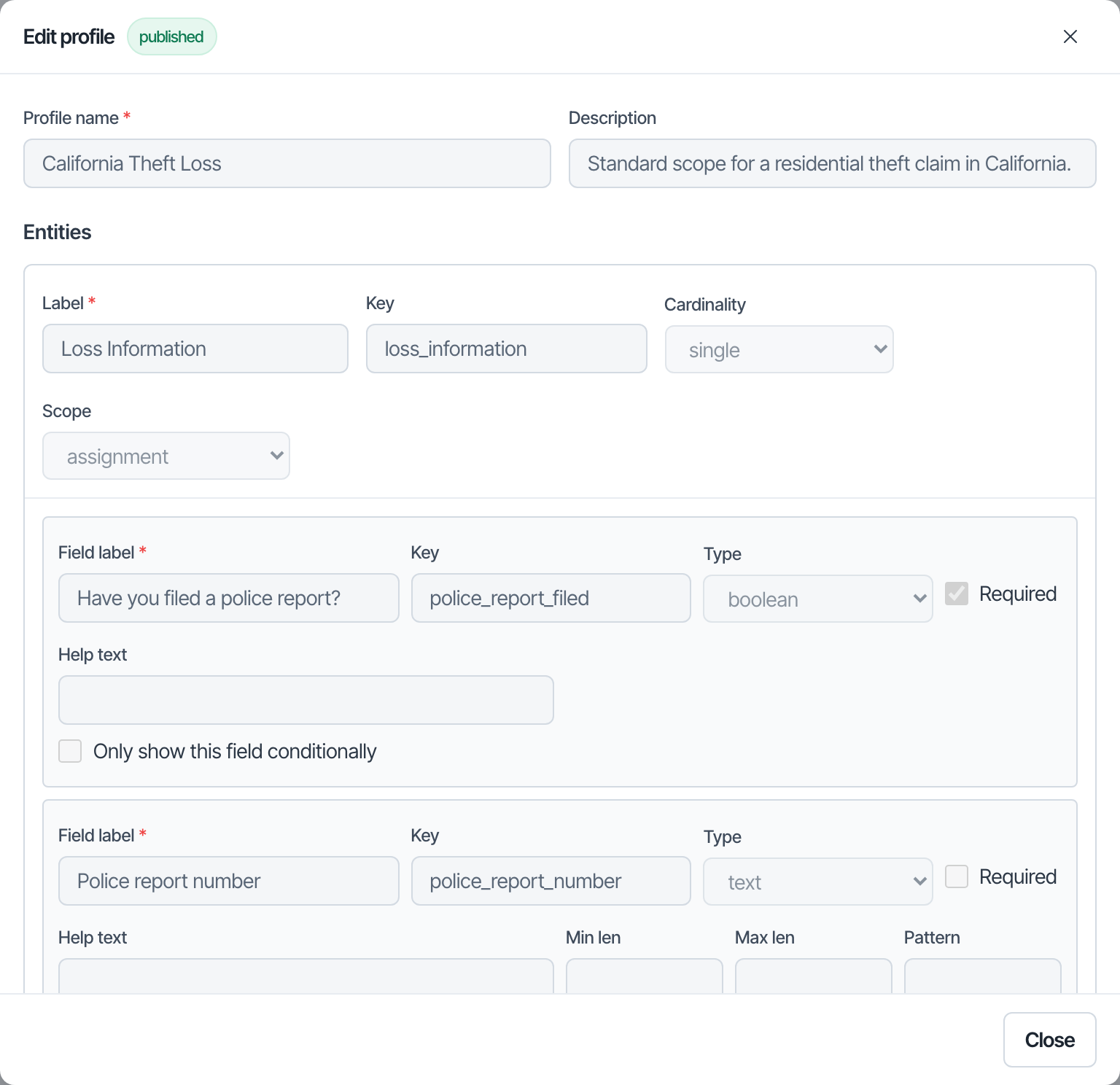 Editing a field in the profile builder