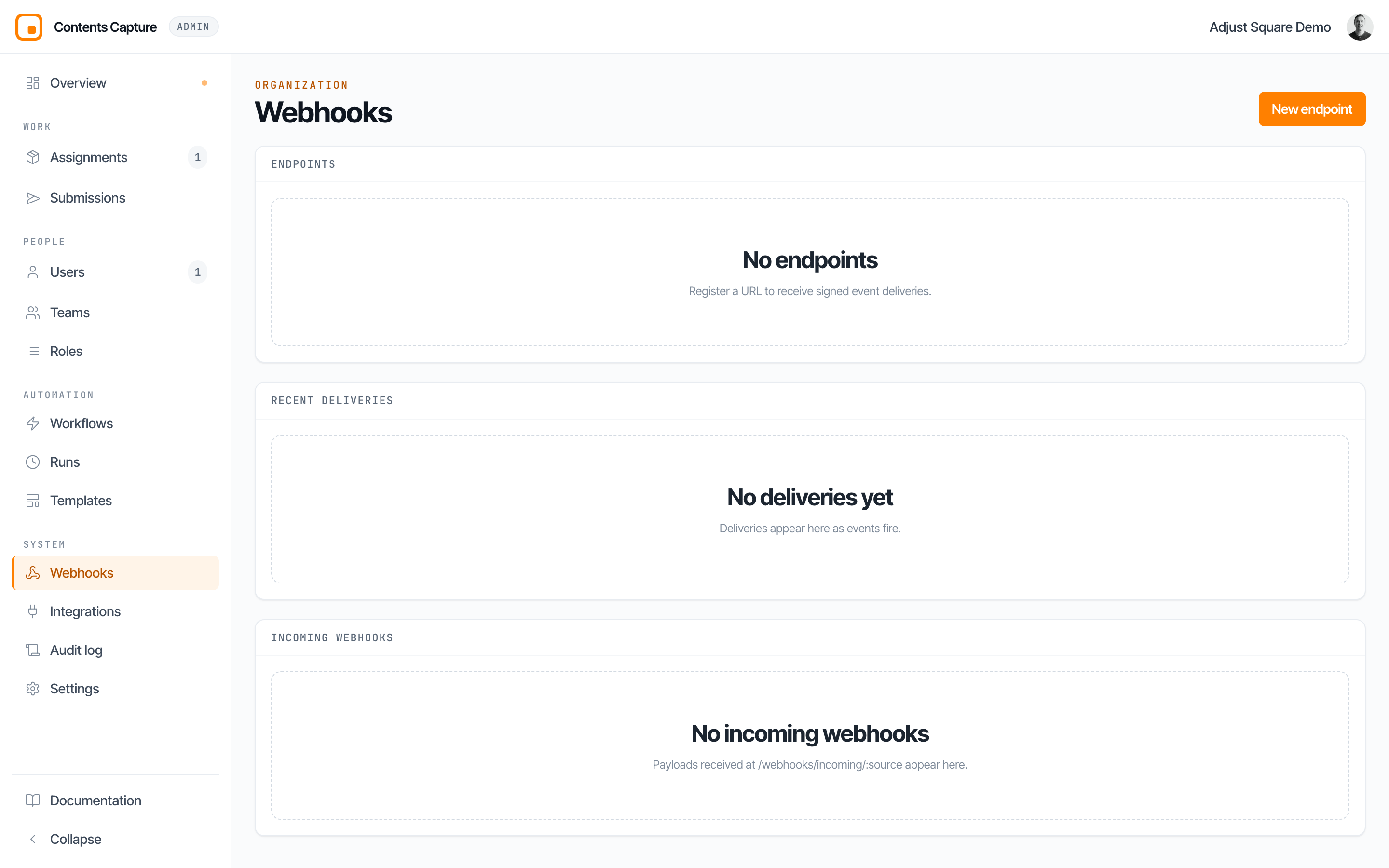 The webhooks page