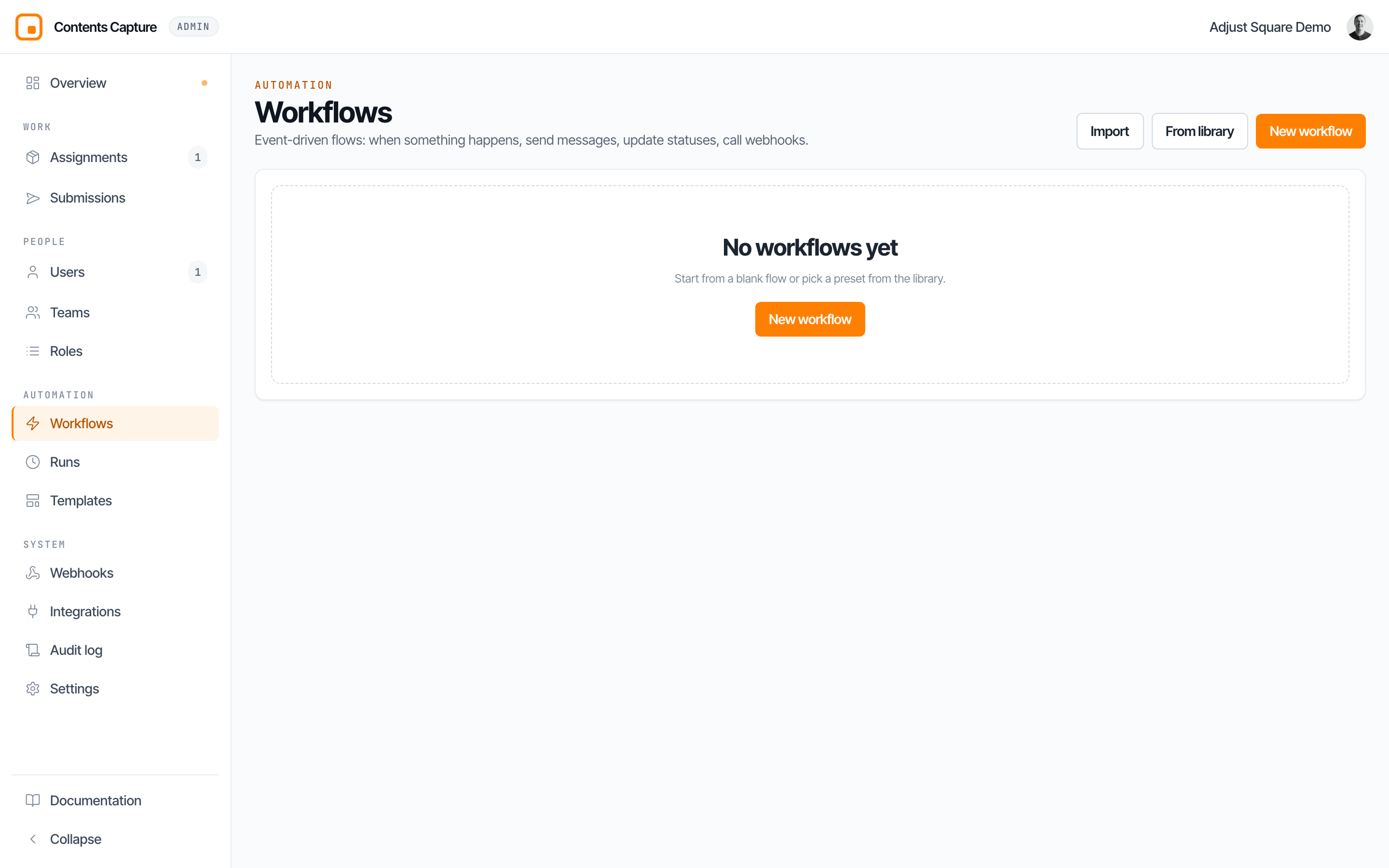 The workflows page