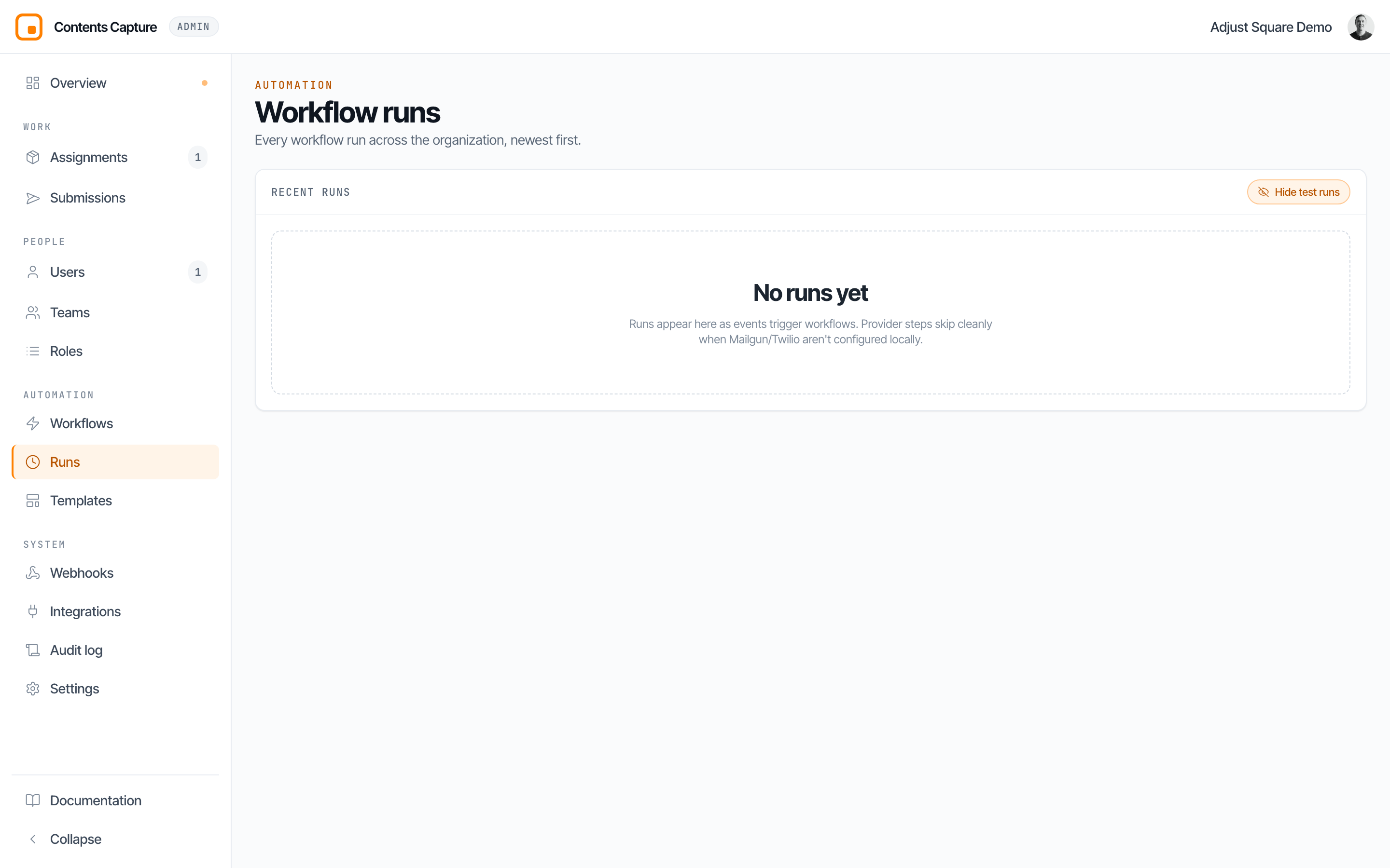 The workflow runs log